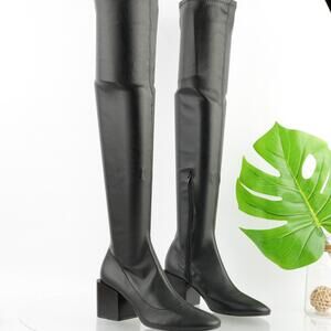 Zara Womens OTK Boots Size 38 7.5 Black Stretch Pull On Block Heel Pointed Vegan